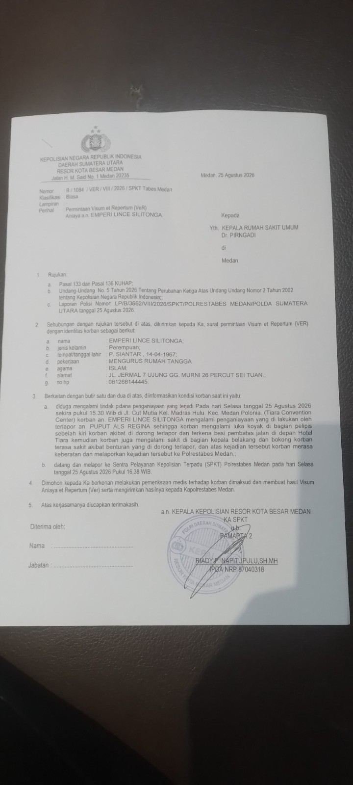 Diduga Didorong hingga Pelipis Terbentur Besi Pembatas, Emperi Lince Silitonga Laporkan Puput ke Polrestabes Medan